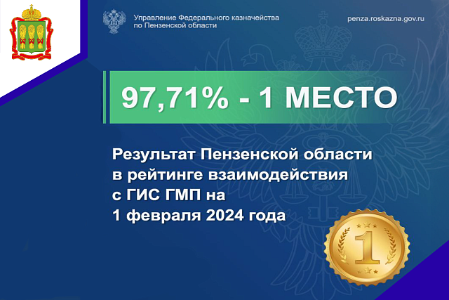Пензенская область заняла первое место в рейтинге взаимодействия с ГИС ГМП по итогам января 2024 года