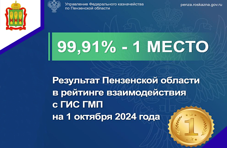 Пензенская область заняла первое место в рейтинге взаимодействия с ГИС ГМП на 1 октября 2024 года